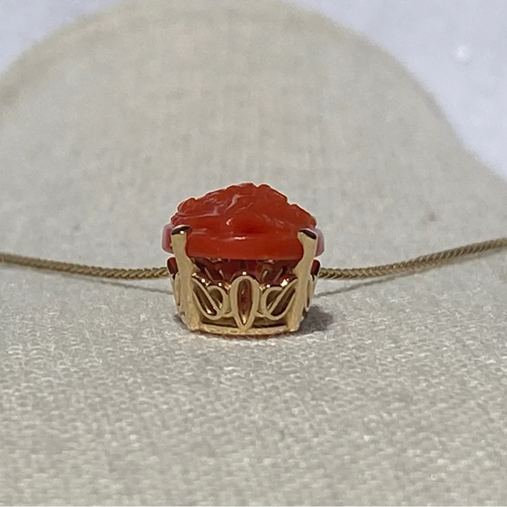 14k Solid Gold Italian Coral Floral Filigree Pendant Necklace 5.19g - Picture 9 of 16